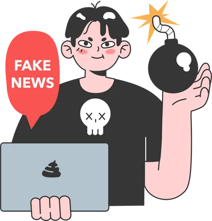 Boy holding laptop while getting fake news  Illustration