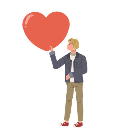 Boy holding large red heart symbolizing love and passion for valentines day gift  Illustration