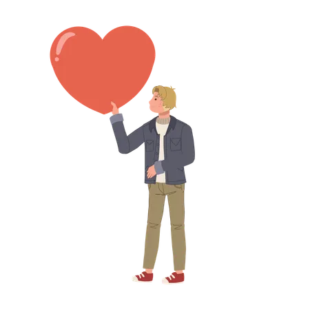 Boy holding large red heart symbolizing love and passion for valentines day gift  Illustration