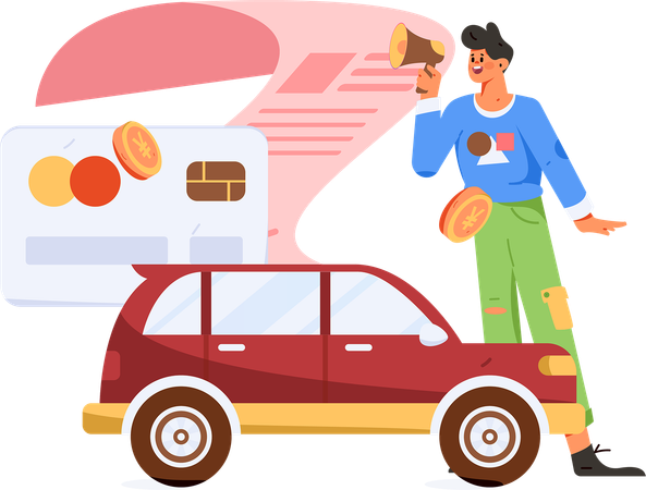 Boy holding megaphone while announcing car insurance policy payment  Illustration