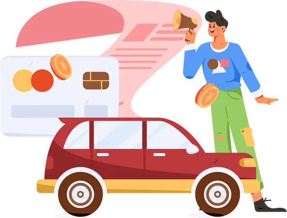 Boy holding megaphone while announcing car insurance policy payment  Illustration