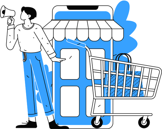 Boy holding megaphone while doing shopping marketing  Illustration