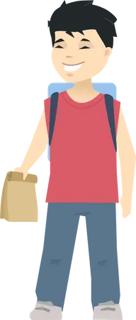 Boy holding packages and wearing bag  Illustration