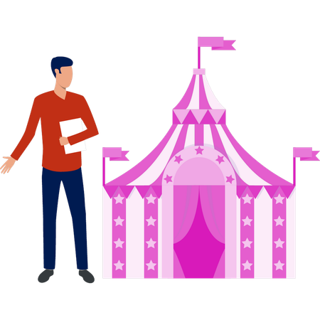 Boy holding paper standing outside the circus tent  Illustration