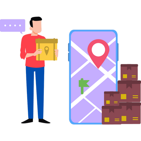 Boy holding parcel and checking location on mobile Illustration