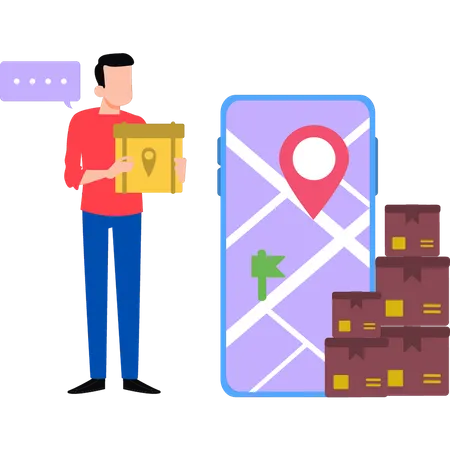 Boy holding parcel and checking location on mobile Illustration