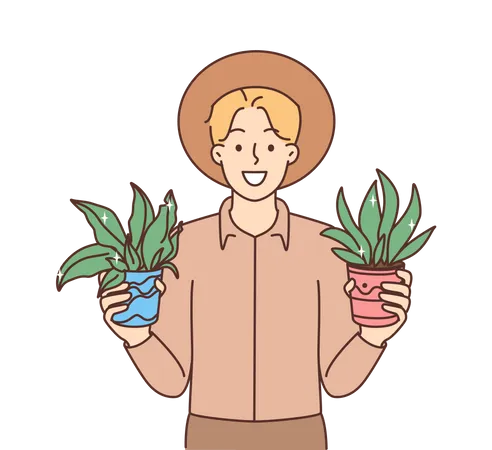 Boy holding plant pot  Illustration