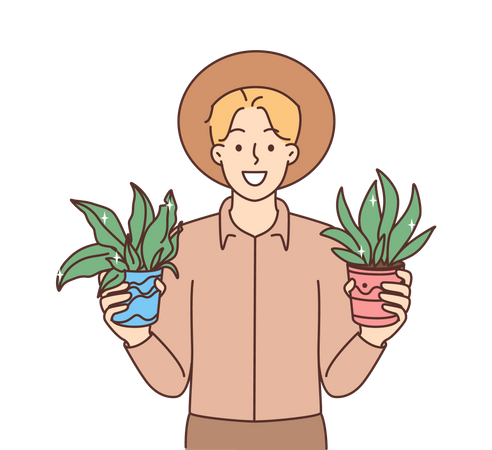 Boy holding plant pot  Illustration