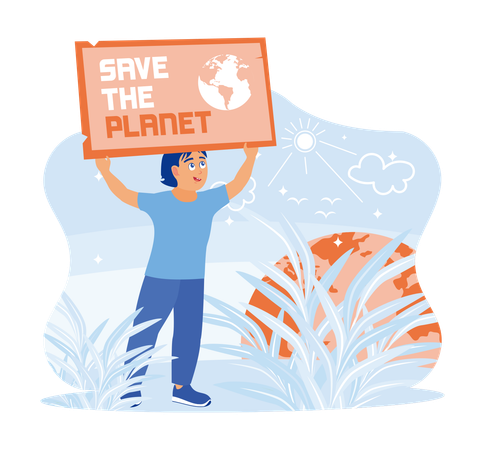Boy holding save the planet poster  Illustration