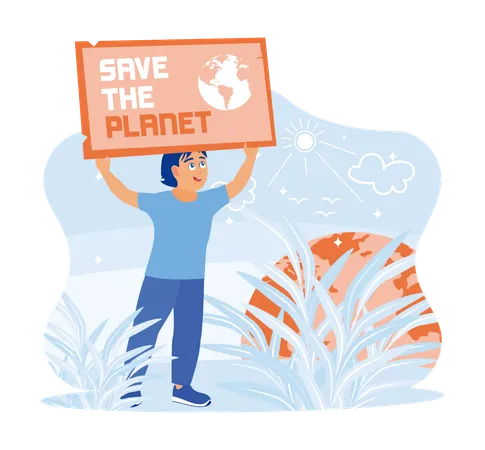 Boy holding save the planet poster  Ilustración