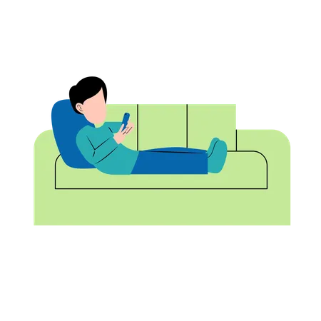 Boy holding smartphone on sofa  Illustration