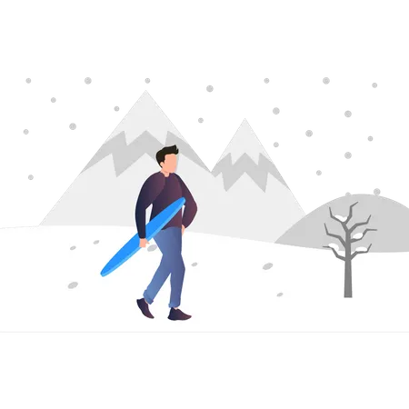 Boy holding snowboarding in snow  Illustration