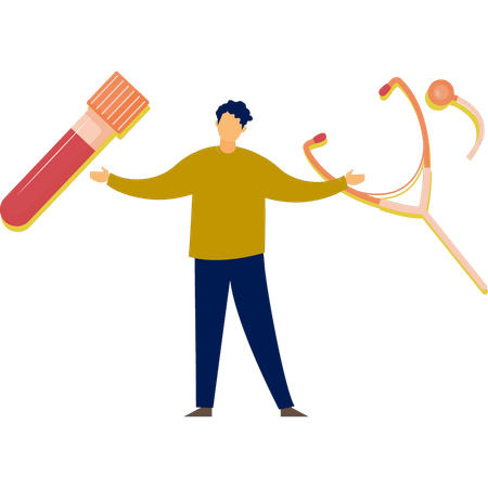 Boy holding stethoscope and lab tube  Illustration