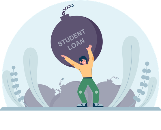 Boy holding student loan ball  Illustration