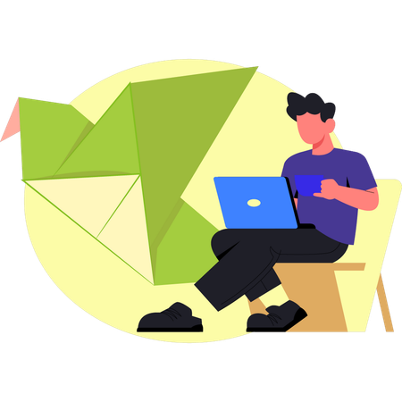 Boy holding tea and working laptop  Illustration