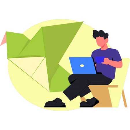 Boy holding tea and working laptop  Illustration