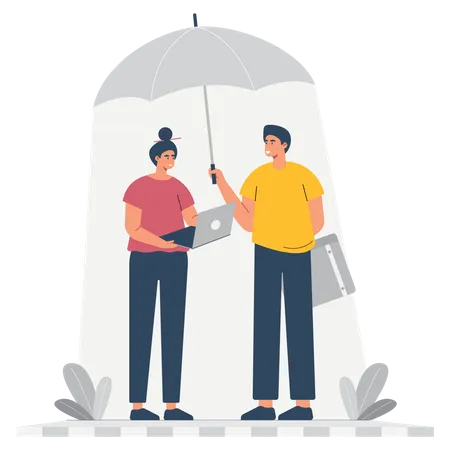 Two Young Boy Girl Standing On The Ground Boy Holding The Umbrella To Protect Sun Girl Holding Laptop Show Something Flat Vector Illustration Concept Illustration