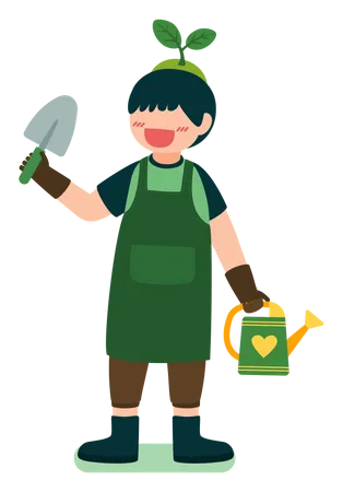 Boy holding trowel and water can  Illustration