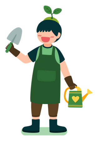 Boy holding trowel and water can  Illustration