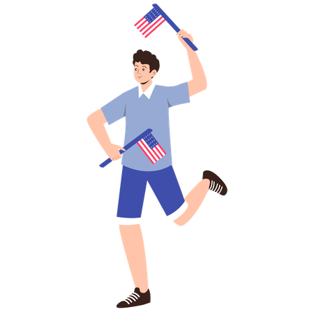 Boy Holding Two American Flags  Illustration