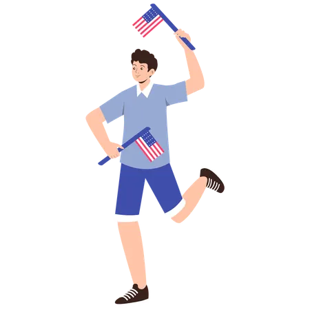 Boy Holding Two American Flags  Illustration