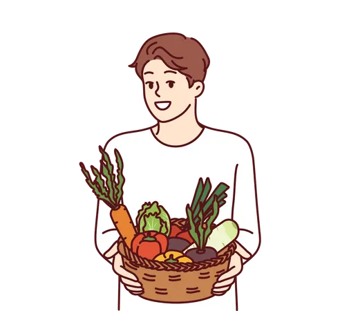 Boy holding vegetable basket  Illustration