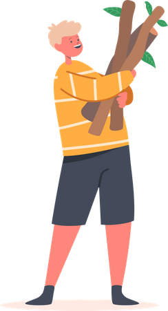 Boy Holding Wooden Branches in Hands Illustration