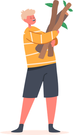 Boy Holding Wooden Branches in Hands  Illustration