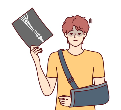 Boy holding Xray of hand fracture  Illustration
