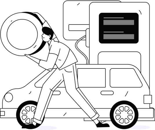 Boy holding yen coin while doing car refuelling payment at petrol pump  Illustration