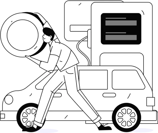 Boy holding yen coin while doing car refuelling payment at petrol pump  Illustration