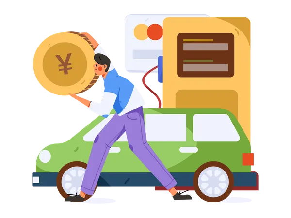 Boy holding yen coin while doing car refuelling payment at petrol pump  Illustration