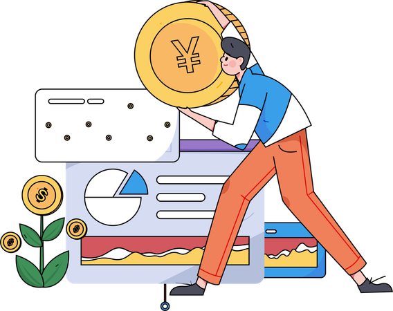 Boy holding yen coin while getting investment profit  Illustration