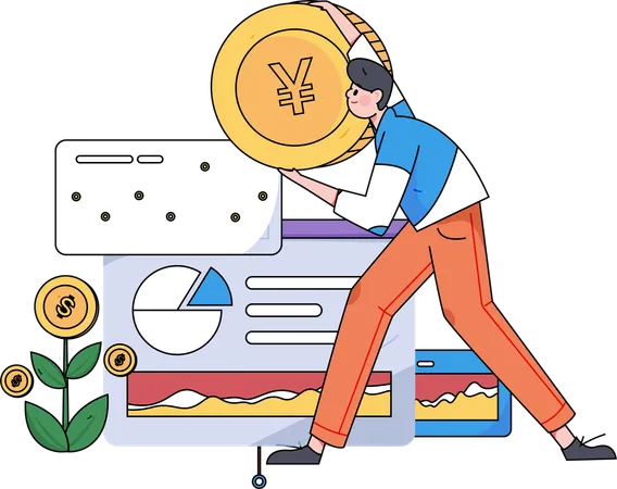 Boy holding yen coin while getting investment profit  Illustration