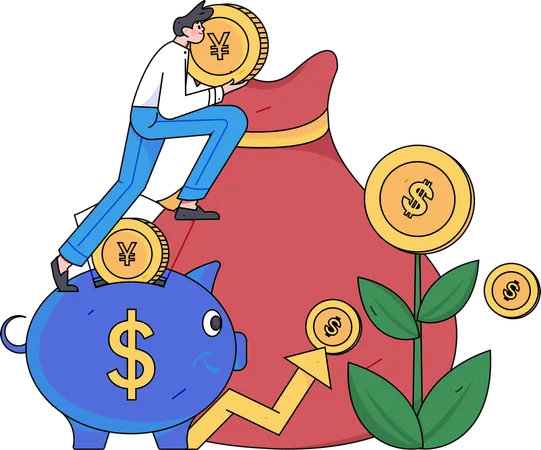 Boy holding yen coin while getting investment profit  Illustration