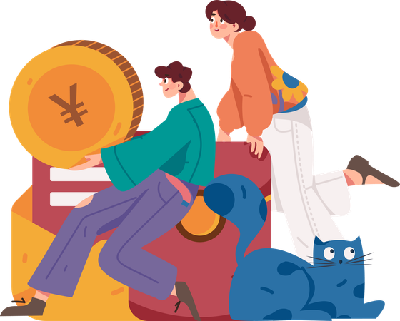 Boy holding yen coin while girl looking mail  Illustration