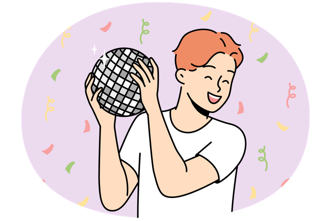 Boy holds disco mirror ball in hands  Illustration