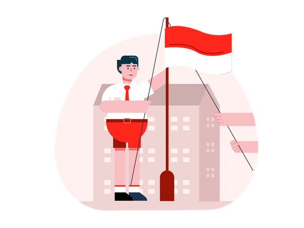 Boy hosting Indonesia flag  Illustration