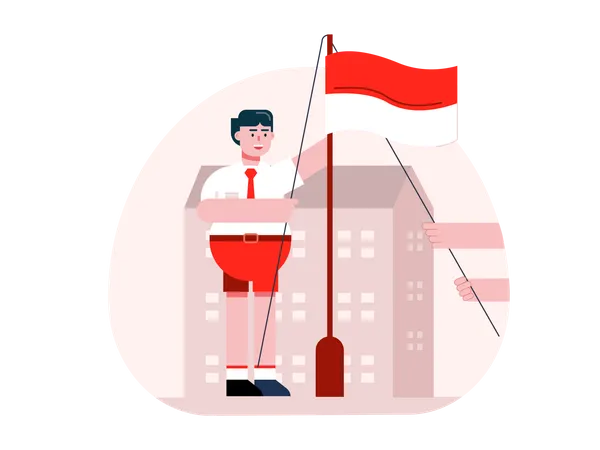 Boy hosting Indonesia flag  Illustration