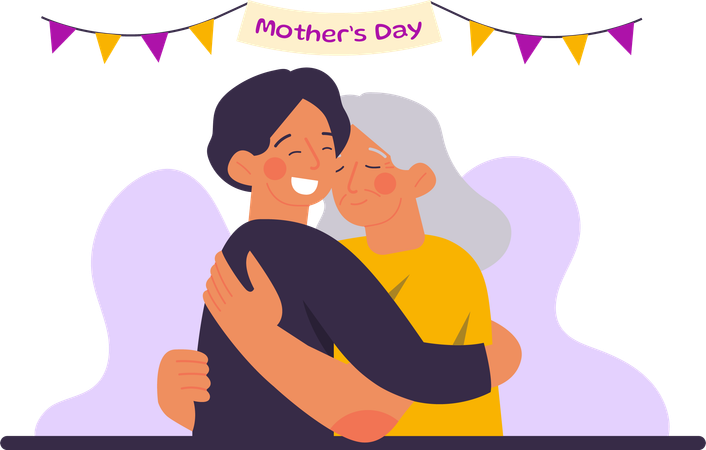 Boy Hugging His Elderly Mother  Illustration