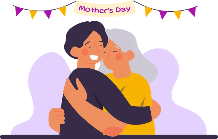 Boy Hugging His Elderly Mother  Illustration