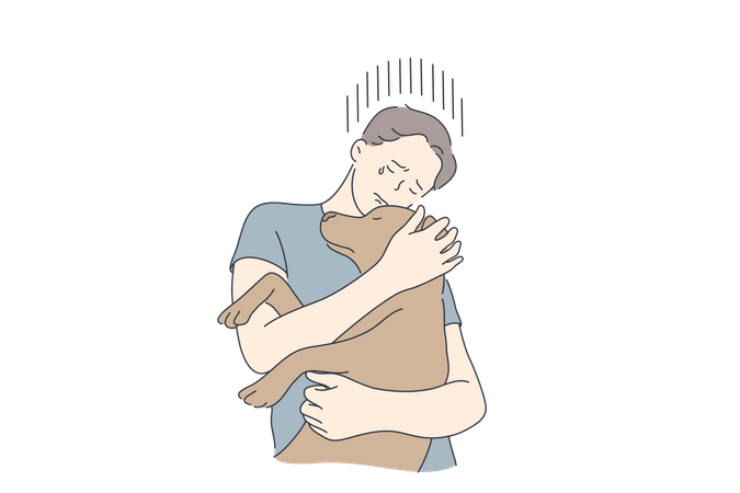 Boy hugs his pet dog and crying  イラスト