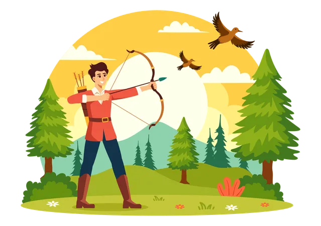 Boy hunts bird with archery  Illustration