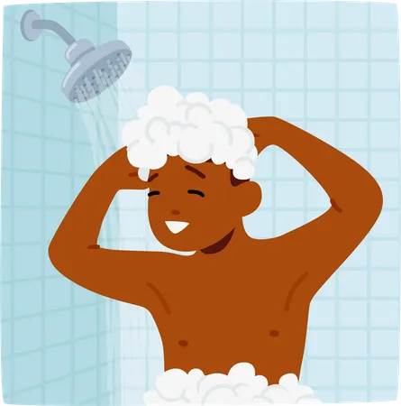 Boy Hygiene Daily Routine Concept Child Joyfully Lathering Body In Shower Giggling As Soap Bubbles Form Water Cascades Creating A Playful And Cleansing Moment Cartoon People Vector Illustration Illustration