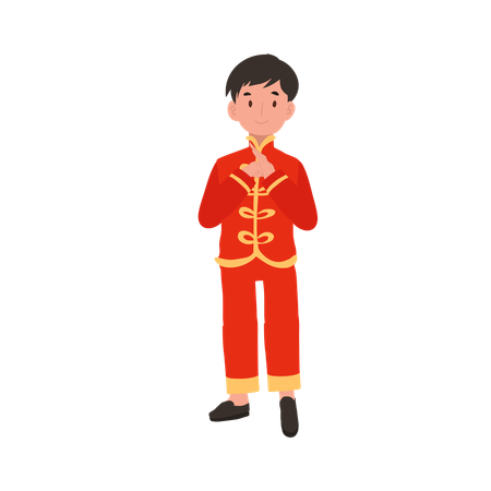 Boy in Chinese traditional dress giving salute  Illustration