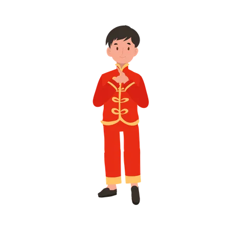 Boy in Chinese traditional dress giving salute  Illustration