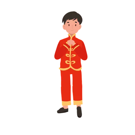 Boy in Chinese traditional dress giving salute  Illustration