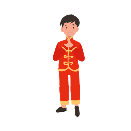 Boy in Chinese traditional dress giving salute  イラスト