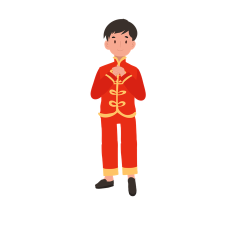 Boy in Chinese traditional dress giving salute  イラスト