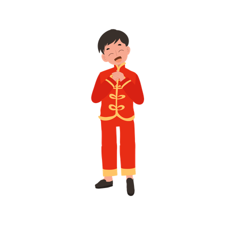 Boy in Chinese traditional dress giving salute  イラスト